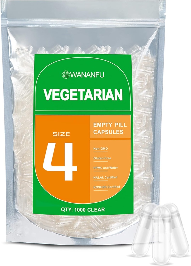 wananfu størrelse 4 tomme kapsler Vegetarisk (1000 greve), Clear Fillable Veggie piller Kapsler størrelse 4 til at lave dine egne kosttilskud