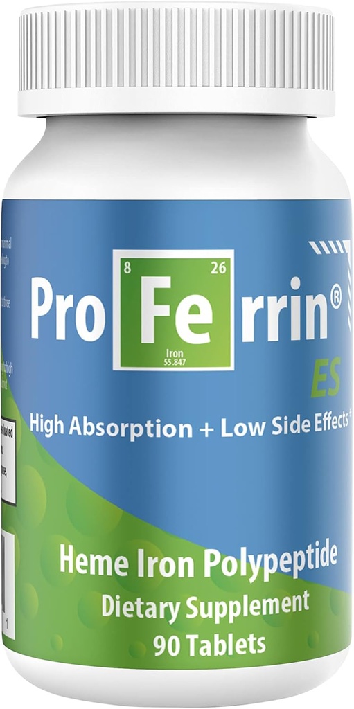 Proferrin ES- 10, 5 mg høj Absorbing Heme Iron Polypeptid. Lavet i USA. 90 Tabletter. Rolig nu. Ikke påvirket af kaffe, calcium eller PPI.