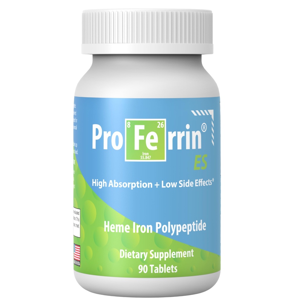 Proferrin ES- 10, 5 mg høj Absorbing Heme Iron Polypeptid. Lavet i USA. 90 Tabletter. Rolig nu. Ikke påvirket af kaffe, calcium eller PPI.