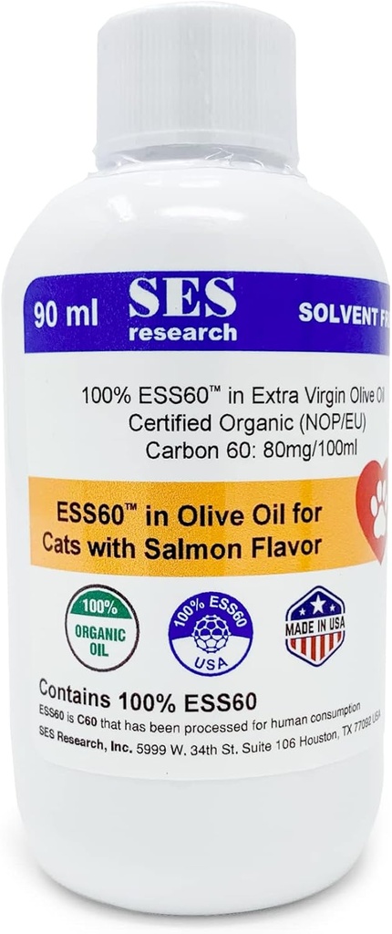 SES Forskning C60 for kæledyr i Økologisk Ekstra Jomfru Olivenolie med Salmon Flavor - Kæledyr kosttilskud - Antioxidant supplement - Solvens gratis - Immunitet Booster - øger energi & mad - Focus - 90ML