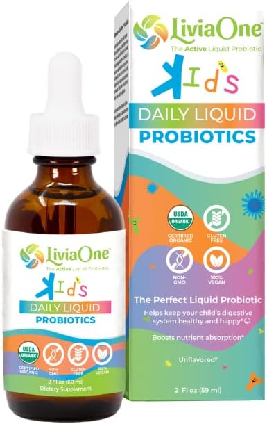 LiviaOne Daily Liquid Probiotika til børn, Probiotisk supplement til fordøjelsessygdomme og immunforsvar, USDA- Certified Organic, Vegan, og Allergen- Free, Non- GMO Probiotika, 2 Fl Oz (Pack of 1)