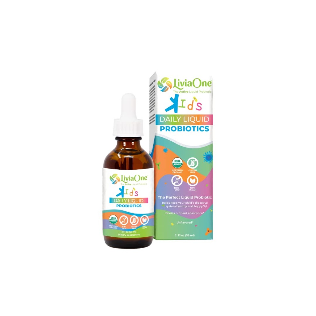 LiviaOne Daily Liquid Probiotika til børn, Probiotisk supplement til fordøjelsessygdomme og immunforsvar, USDA- Certified Organic, Vegan, og Allergen- Free, Non- GMO Probiotika, 2 Fl Oz (Pack of 1)