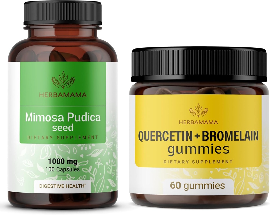 HERBAMAMA Mimosa Pudica og Quercetin Kit - Bundle of 1000 mg Mimosa Pudica Capsules & 800 mg Quercetin og bromelain Gumies - Vegan, Non- GMO, Sugar & Alcohol- Free - 2 Pack