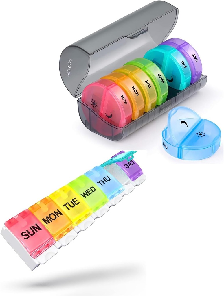 2 Pack Weekly Pill Organizer, Sukuos Daily Pill Box 7 Dag Pill Cases for Vitaminer, Fiskeolier eller Kosttilskud, BPA Gratis
