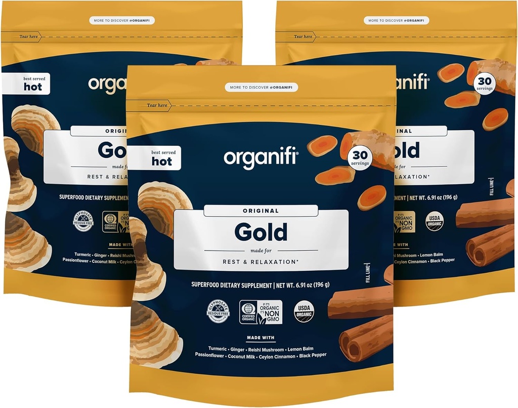 Organifi: Guld - Superfood supplement Powder- 90 Servering (3 Pack) - Stress Support, Bedre hvile, Afslapning og promoverer rolig søvn - Gurkemeje og Reishi Infured
