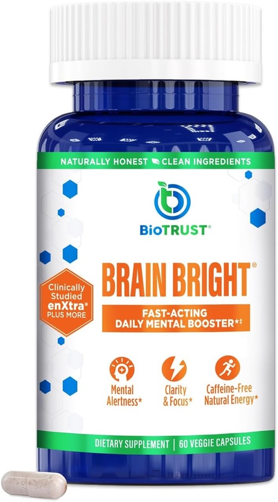BioTrust Brain Bright - Daglig Nootrop Boost for Focus, Koncentration, Mental Klarhed - Koffein Free Nootropics Brain Support - Thai Ingefær, Ginkgo, Folate, L- Theanine - 30 Serveringer
