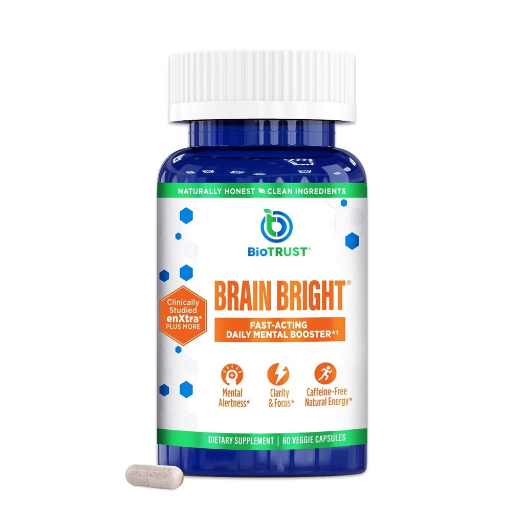 BioTrust Brain Bright - Daglig Nootrop Boost for Focus, Koncentration, Mental Klarhed - Koffein Free Nootropics Brain Support - Thai Ingefær, Ginkgo, Folate, L- Theanine - 30 Serveringer