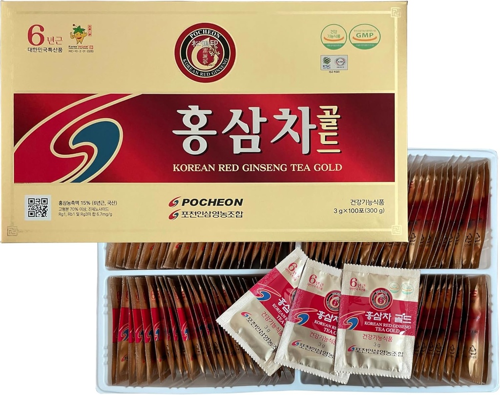 Pocheon 300g(10.6oz), Korean 6Years Panax Red Ginseng Root Extract Tea Gold, 100 Tea Bags, 15% Ginseng Extract, Natural Immune Support