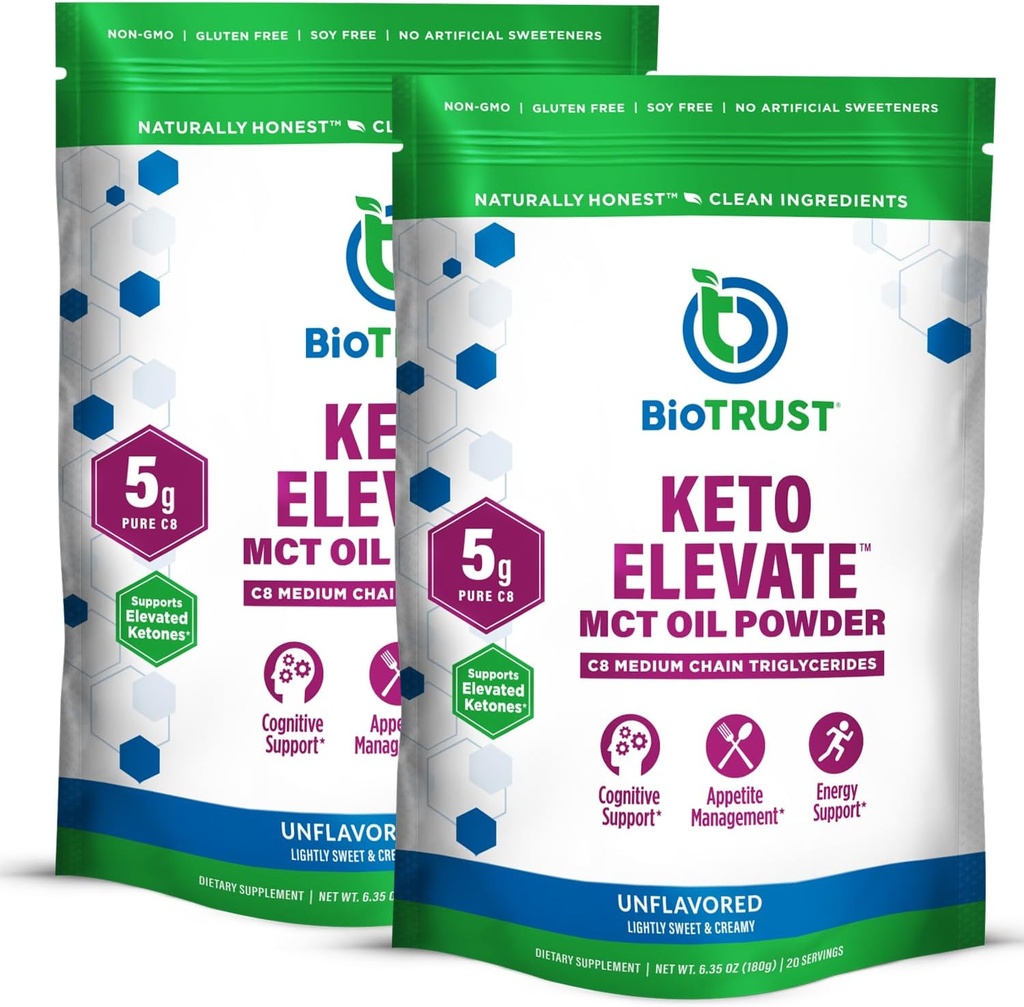 BioTrust Keto Elevate - C8 MCT Oil Powder - Ketogen MCT Coffee Creamer, Keto Coffee Creamer - Clean Energy, Mental Focus & Clarity - 100% Captac Acid MCT Powder, Non- GMO (Unflavored, 40 Servere)