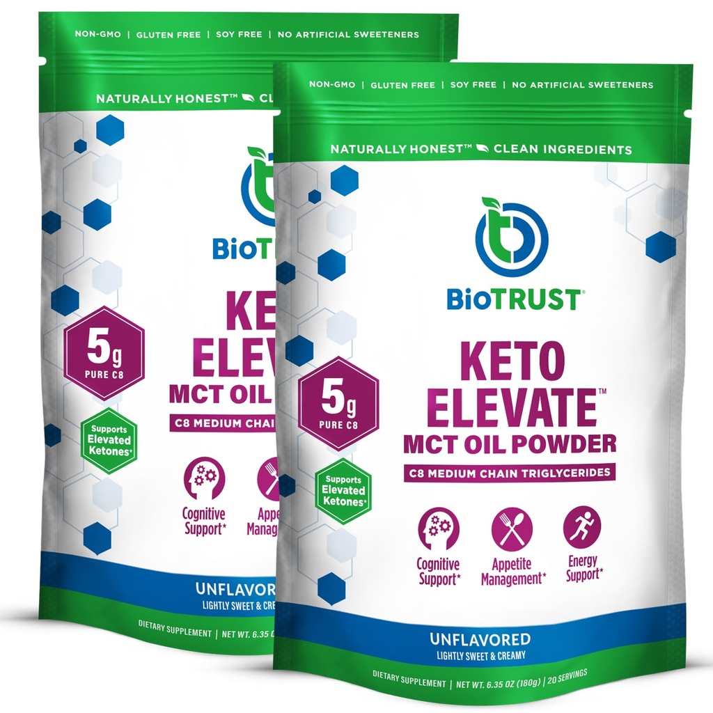 BioTrust Keto Elevate - C8 MCT Oil Powder - Ketogen MCT Coffee Creamer, Keto Coffee Creamer - Clean Energy, Mental Focus & Clarity - 100% Captac Acid MCT Powder, Non- GMO (Unflavored, 40 Servere)