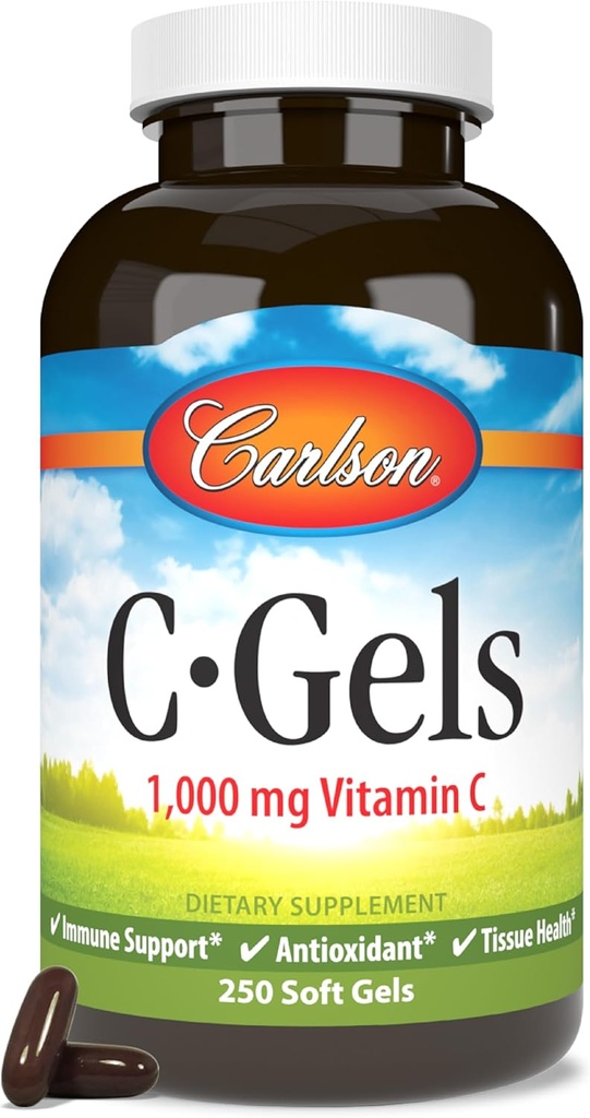 Carlson - C- Gels, 1000mg, C-vitamin, immunforsvar og hjertefunktion, C-vitamin, antioxidant, C-vitamin tillæg, 250