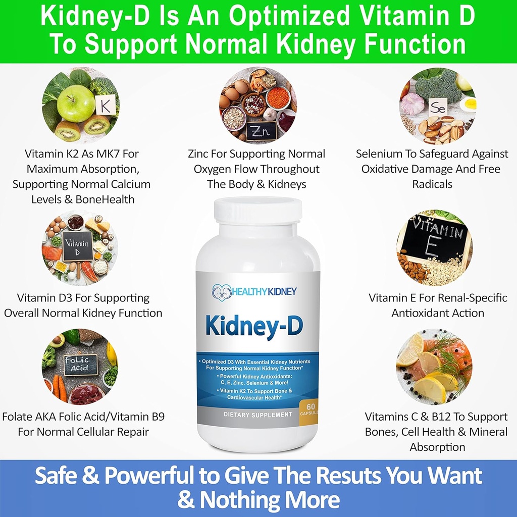 Nyregendannelse & Kidney- D 2- pakke kapsler til Nyrestøtte med optimerede D-vitamin antioxidanter, Nyreprobiotika, Natrium Bicarbonat til Nyrerensning