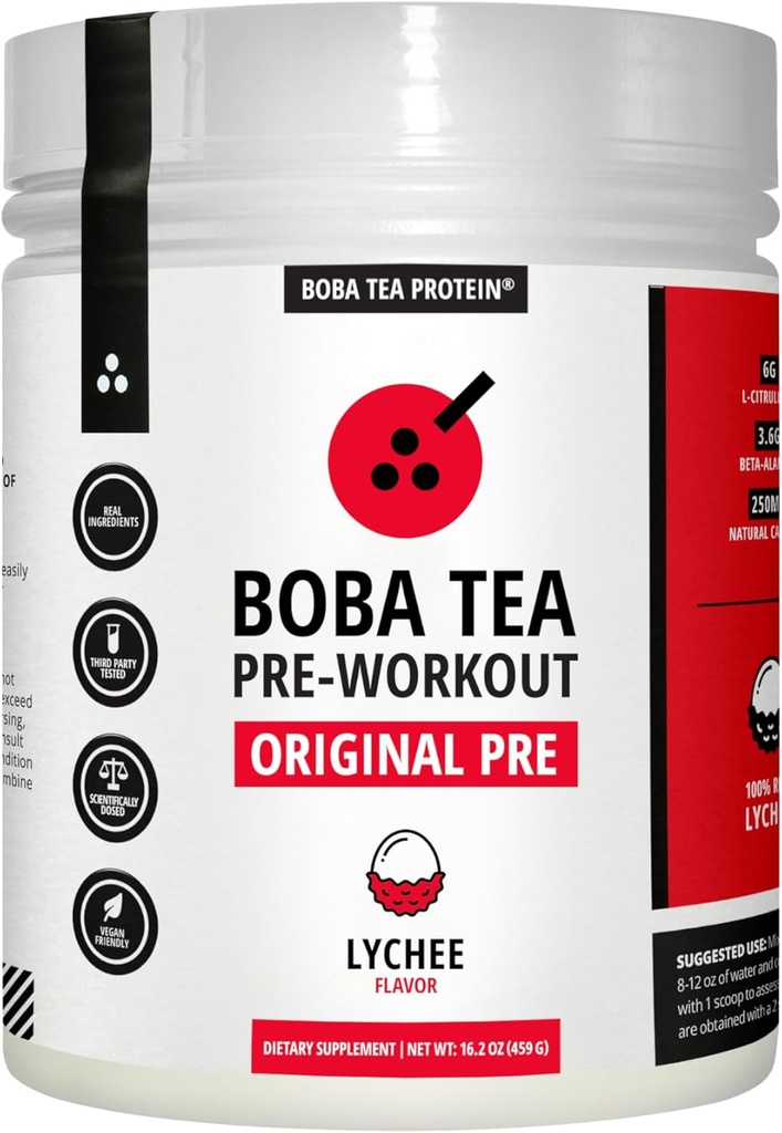 Boba Tea Pre- Workout Pulver • 124; Lychee Flavor • 124; 125- 250mg Koffein • 124; L- Citrullin, Beta Alanine, Alpha- GPC • 124; Real Ingredients • 124; Premium Pre Workout • Pulver til mænd og kvinder • 124; 20- 40 Servering