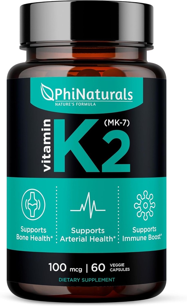 PhiNaturals Vitamin K2 Mk7 100 mcg Vegan 60 Kapsler Knoglehjerte Kardiovaskulære arterier - VIT K-2 MK- 7 100mcg Supplement fra Nato