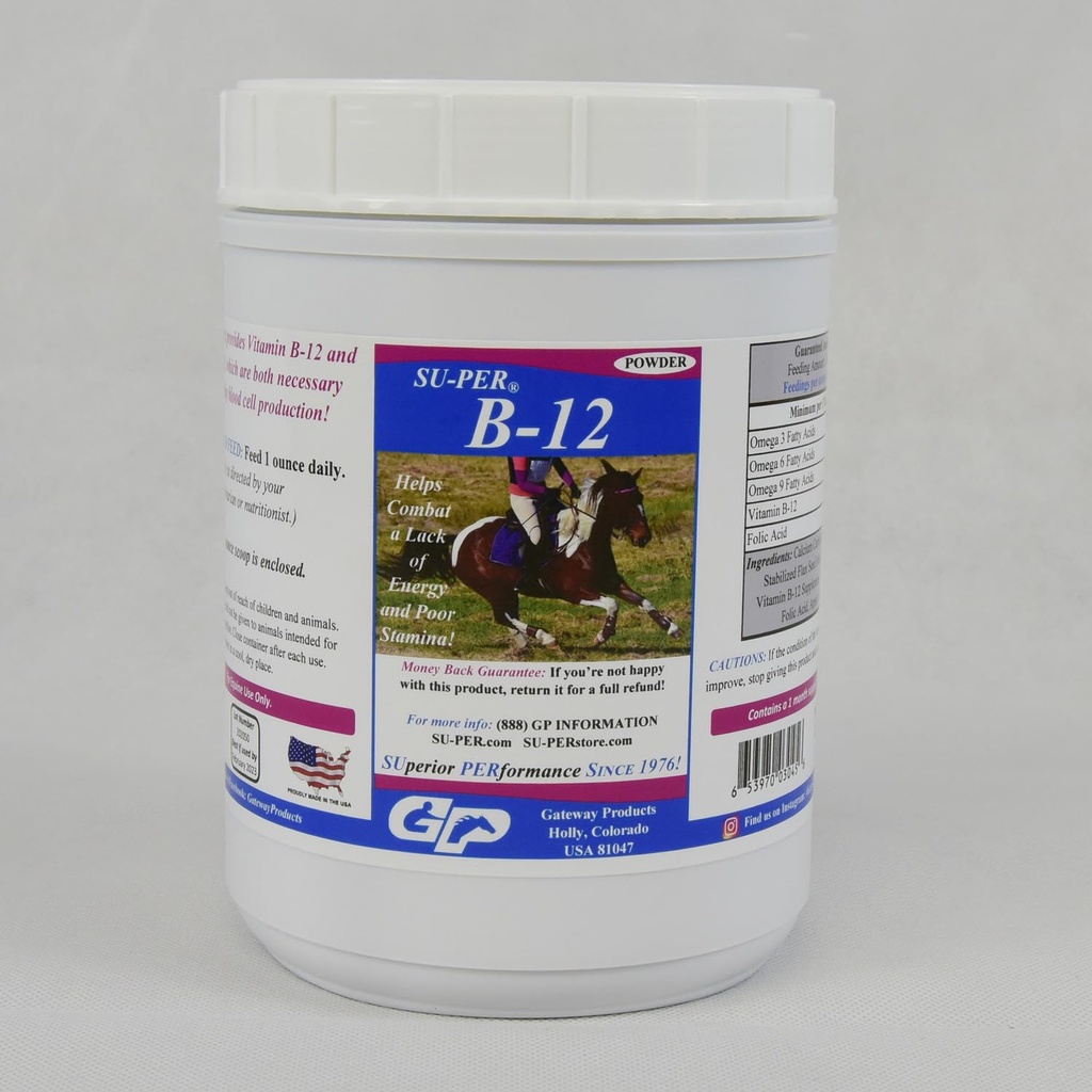 SU- PER B12 for heste - Equine Vitaminer B- 12 & B- 9 Folinsyre Support Powder - Energy Horse Supplement - 2,5 Pounds, (2 Pack)