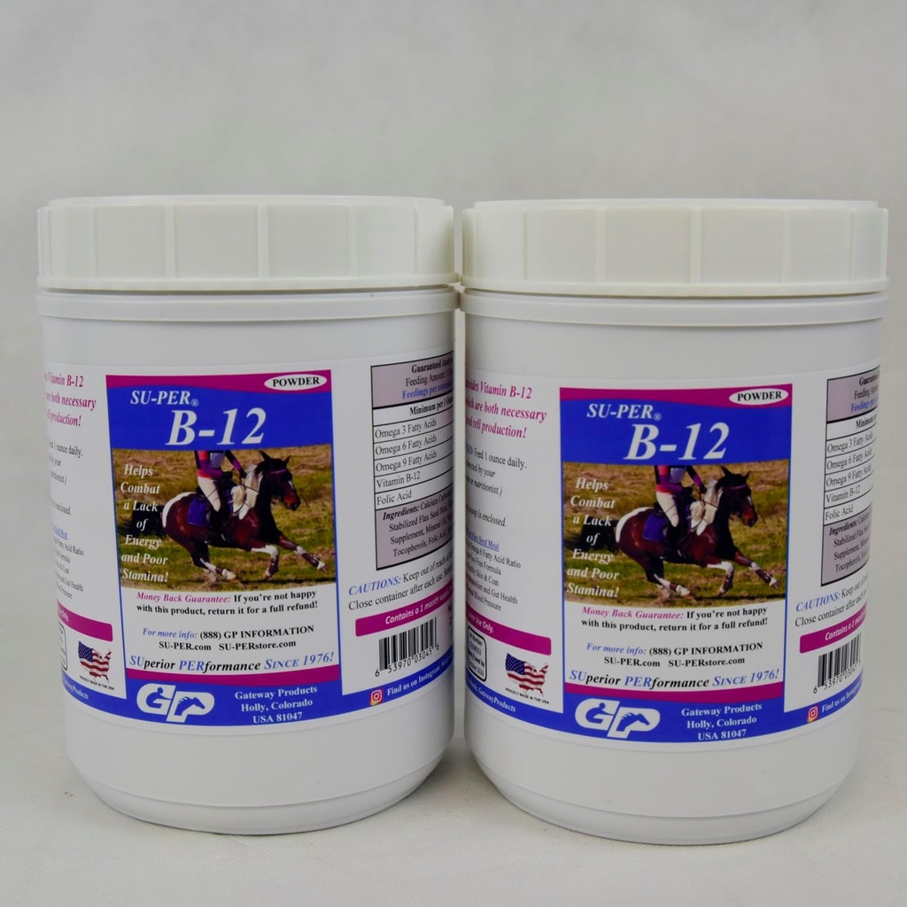 SU- PER B12 for heste - Equine Vitaminer B- 12 & B- 9 Folinsyre Support Powder - Energy Horse Supplement - 2,5 Pounds, (2 Pack)