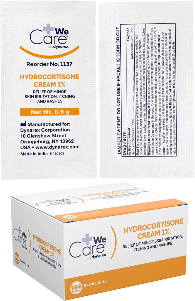 Dynarex Hydrocortison Cream - tematisk Anti- Itch Hydrocortison Salve til midlertidig lindring af mindre hudkløende, udslæt, irritation - .9g Packet, 1 Box of 144