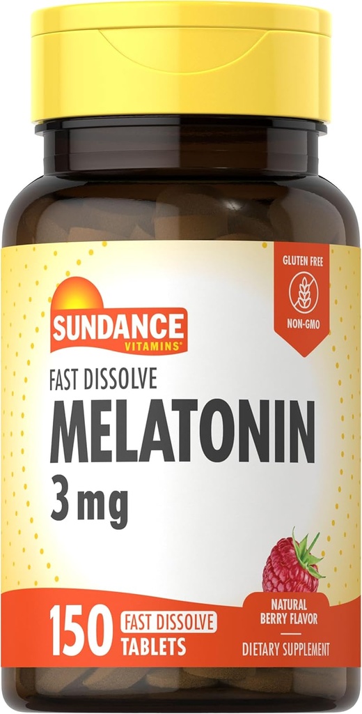 Sundance Melatonin Fast Opløs • 124; 3 mg • 124; 150 • Opløs tabletter • 124; Natural Berry Flavor • 124; Vegetarisk, Non- GMO og Gluten Free Supplement