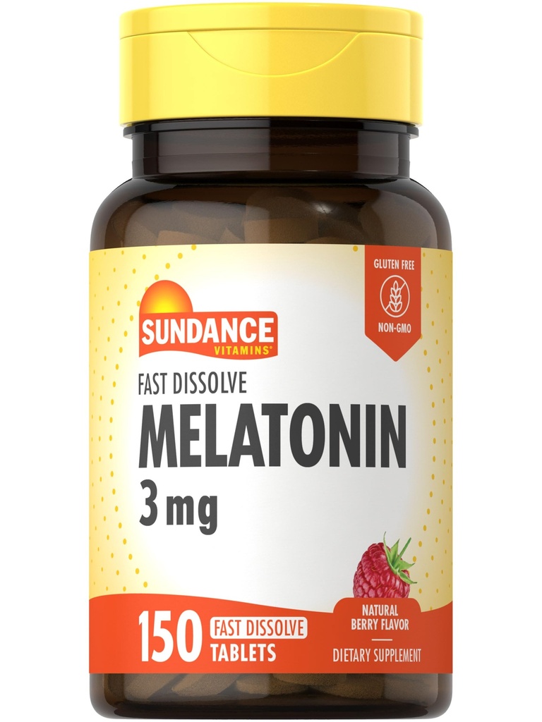 Sundance Melatonin Fast Opløs • 124; 3 mg • 124; 150 • Opløs tabletter • 124; Natural Berry Flavor • 124; Vegetarisk, Non- GMO og Gluten Free Supplement