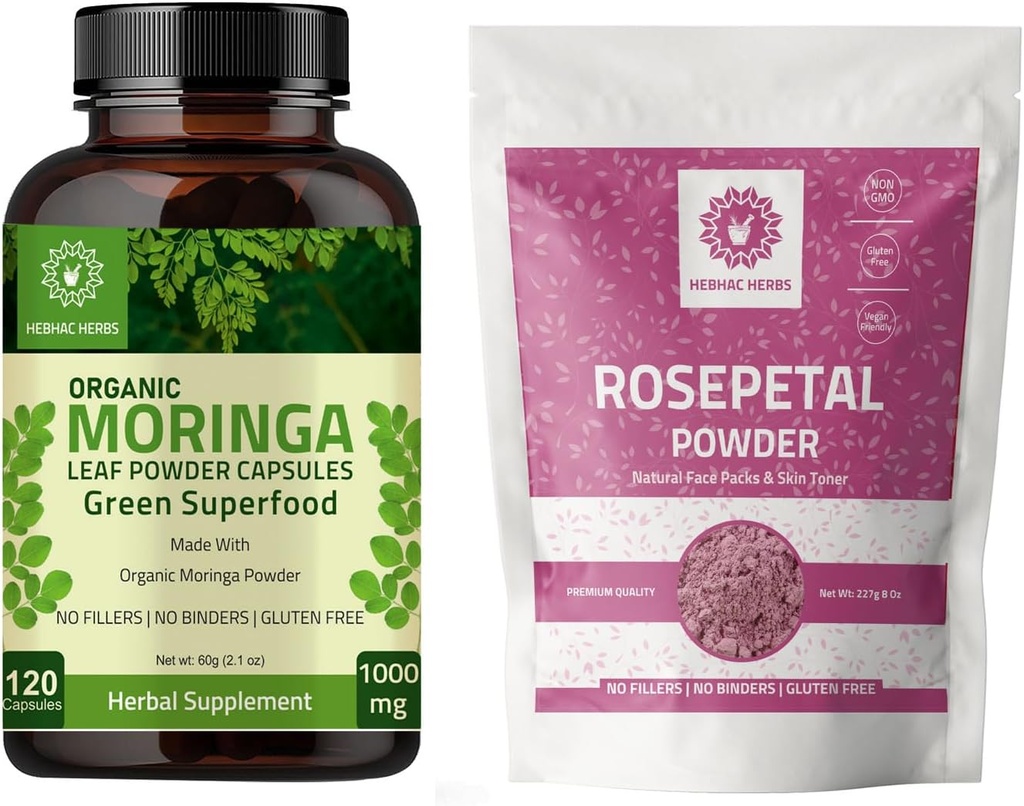 Organic Moringa Capsules 120 Kapsler 1000mg og Rose Petal Powder 227g