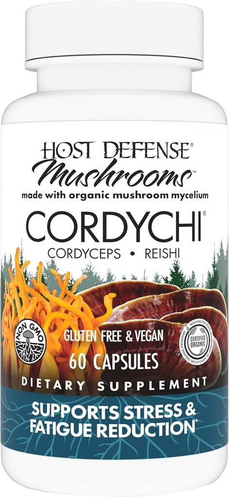 Host Defense CordyChi Kapsler - Energi & Immun Support - Cordyceps & Reishi Mushroom supplement til afslapning & Respiratory Support - Støtte mod træthed - 60 Kapsler (30 Servere) *