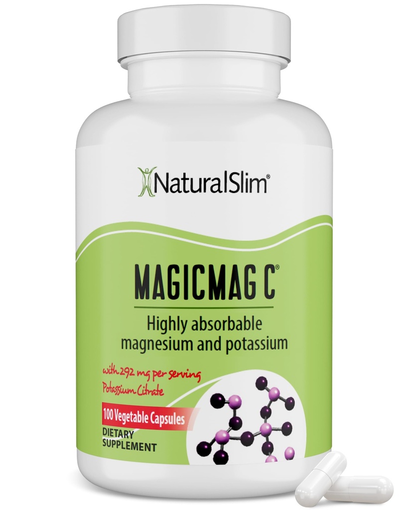 MagicMag C af NaturalSlim, Magnesium Citrate med Kalium til muskelafslapning, Søvnkvalitet, Nerve Funktion & Elektrolyte Support, Dagligt Magnesiumtillæg for mænd og kvinder, 100 Kapsler 1pk