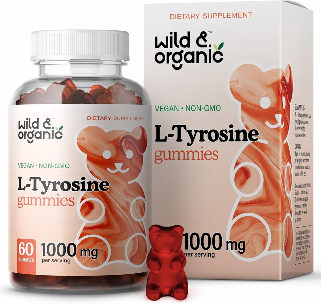 Wild & Organic L Tyrosine 1000mg Gummies - Brain Support Supplement for Focus and Mood - Vegan Focus Gummies w / L-Tyrosine Powder - 60 non-GMO tygger
