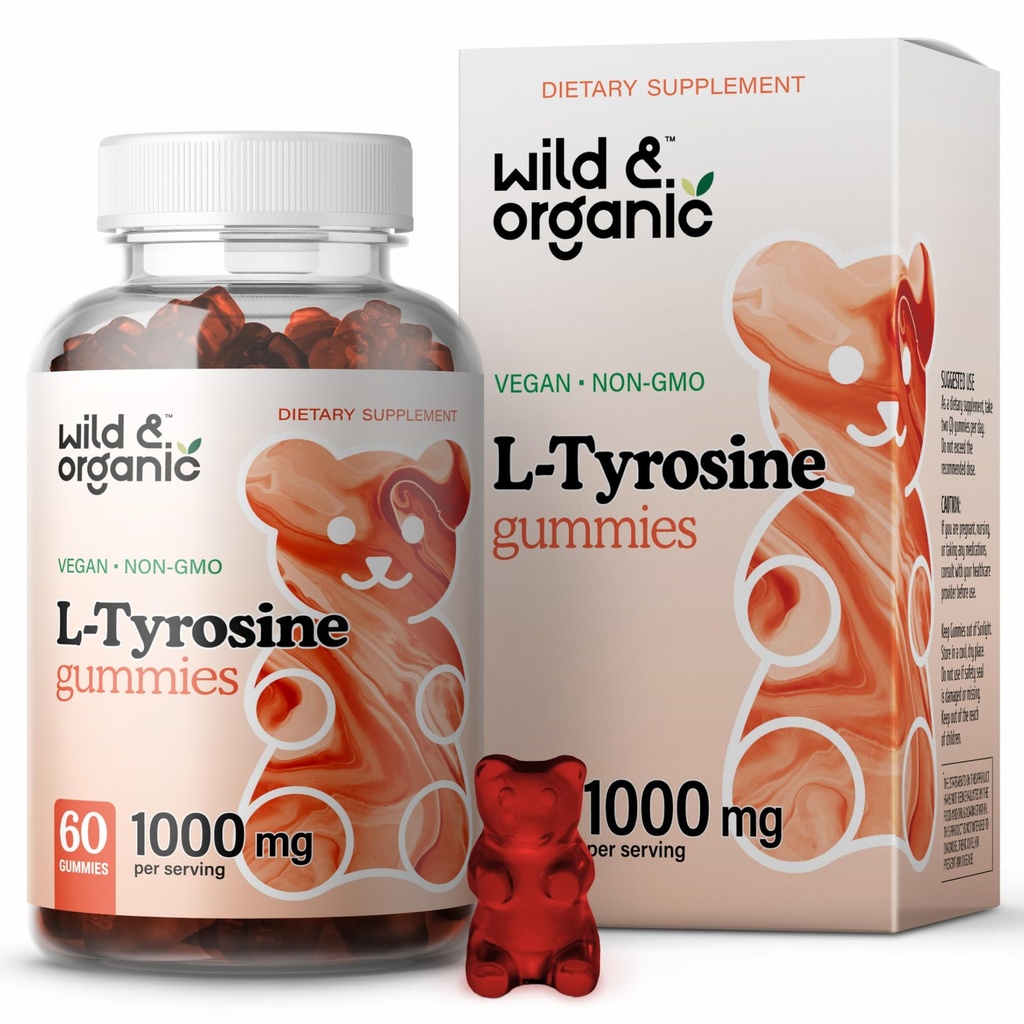 Wild & Organic L Tyrosine 1000mg Gummies - Brain Support Supplement for Focus and Mood - Vegan Focus Gummies w / L-Tyrosine Powder - 60 non-GMO tygger