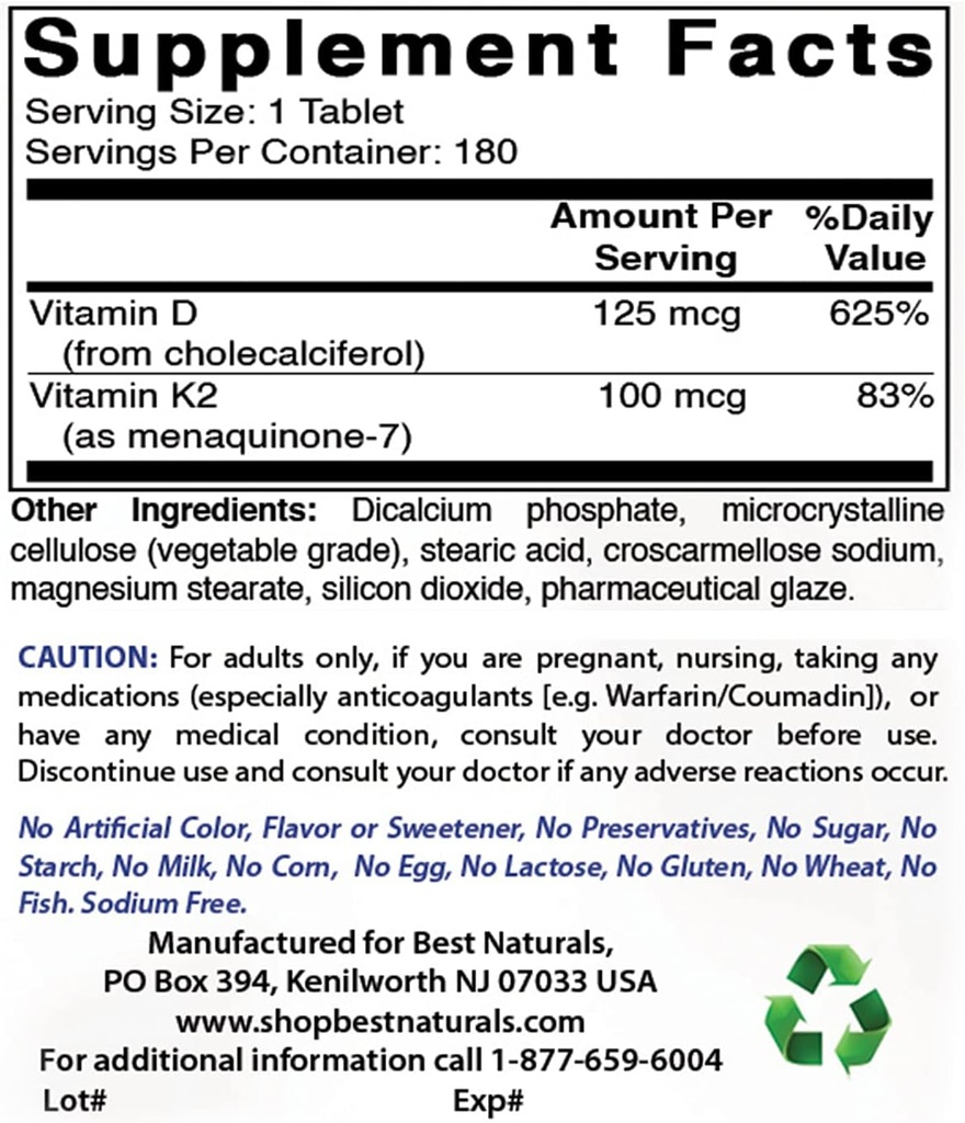 Best Naturals Vitamin K2 (MK7) with D3 & Vitamin A 25000 IU