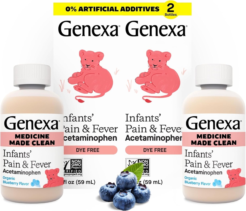 Genexa Infants 'Clean Acetaminophen Mea124; Pediatrician Foretrukne Ingredienser Mea Reliever & Fever Reducer for Babyer Measures 124; Dye Free, 0% kunstige tilsætningsstoffer Measures 124; Organic Blueberry Flavor, 4 fl oz (2 Pack)
