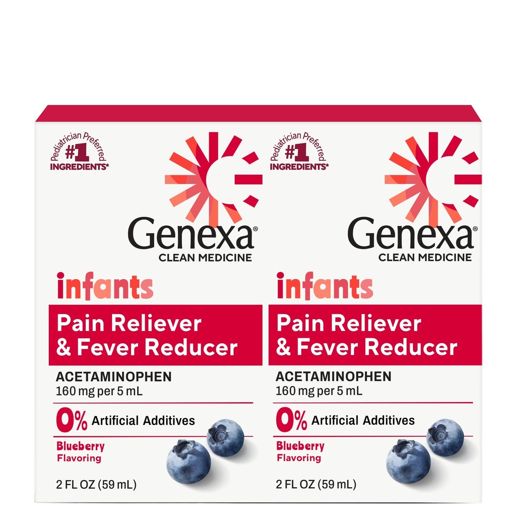 Genexa Infants 'Clean Acetaminophen Mea124; Pediatrician Foretrukne Ingredienser Mea Reliever & Fever Reducer for Babyer Measures 124; Dye Free, 0% kunstige tilsætningsstoffer Measures 124; Organic Blueberry Flavor, 4 fl oz (2 Pack)