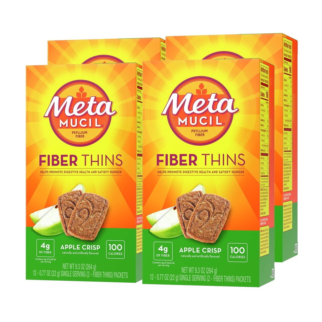 Metamucil, Fiber Thins, Daily Psyllium Husk Fiber Supplement, Understøtter fordøjelsessygdomme og tilfredsstiller sult, Apple Crisp Flavor, 48 Total Servering (4 pakker af 12)
