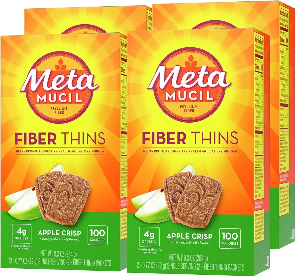 Metamucil, Fiber Thins, Daily Psyllium Husk Fiber Supplement, Understøtter fordøjelsessygdomme og tilfredsstiller sult, Apple Crisp Flavor, 48 Total Servering (4 pakker af 12)