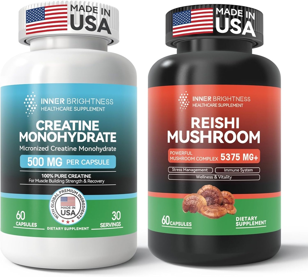 Reishi Mushroom Supplement with Cordyceps + Creatine Monohydrate Capsules for Muscle Builder