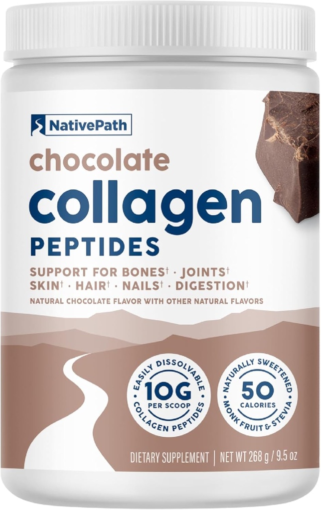 NativePath Collagen Peptider - Hydrolyzed Type 1 & 3 Collagen. Keto & Paleo Grass- Fed Protein Powder for Hår, Hud, Nails, Bones, Joints, fordøjelse og meget mere - ingen gluten eller mælk (chokolade, 268g)