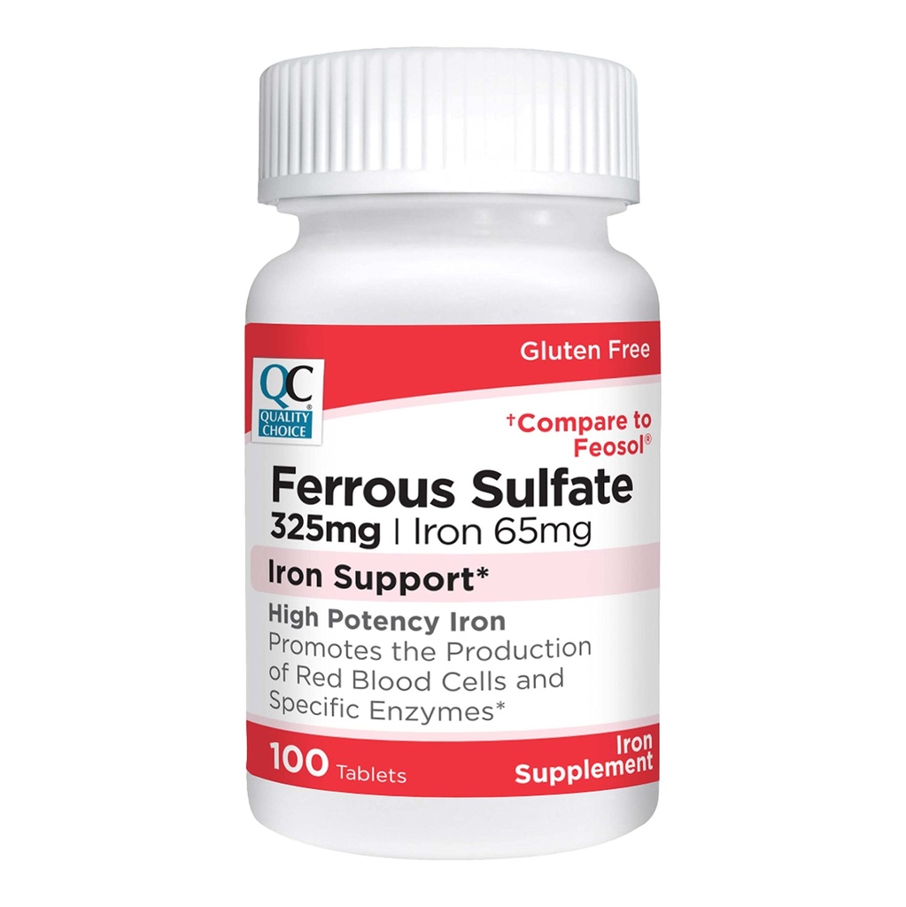 Kvalitetsvalg Jern 65 mg (325 mg Ferrosulfate) højpotens jerntilskud Tablets in 100 Count Flasker