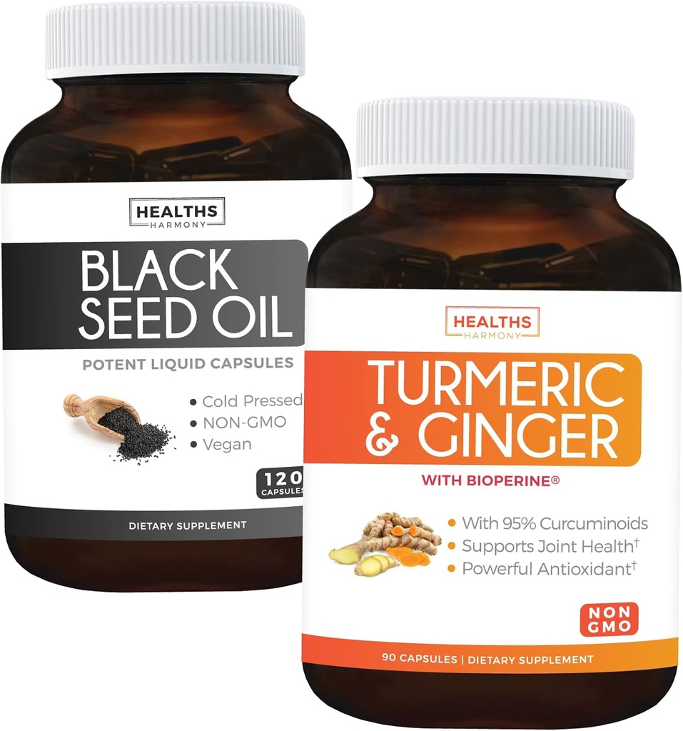Bundle af gurkemeje & Ginger & Black Seed Oil - Golden Harmony Blend - Gurkemeje & Ginger med 95% Curcuminoider & Bioperine (90 kapsler) & Black Seed Oil (non-GMO) 100% Cold- Pressed Cumin Seed Oil