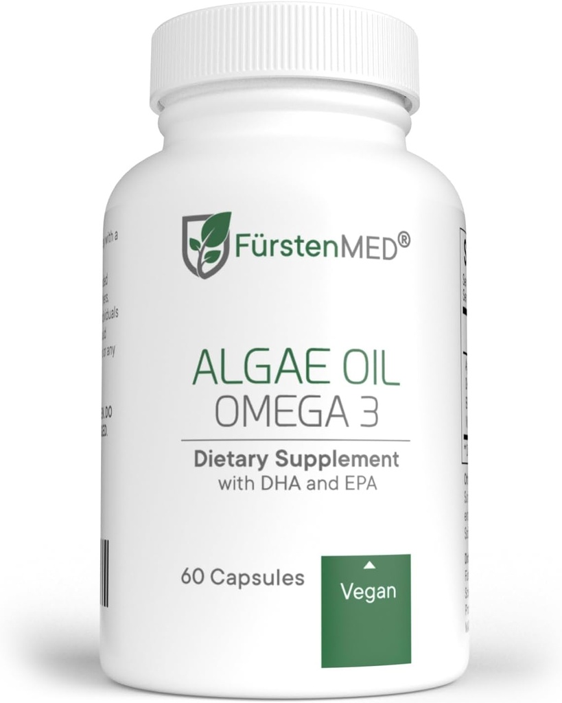 FürstenMED Alger Oil Vegan Omega 3 - Heart, Brain & Joint Health Support - 2000mg Alger Oil heraf 700mg DHA & 320mg EPA + 3, 6 mg E-vitamin per daglig dosis - essentielle fedtsyrer