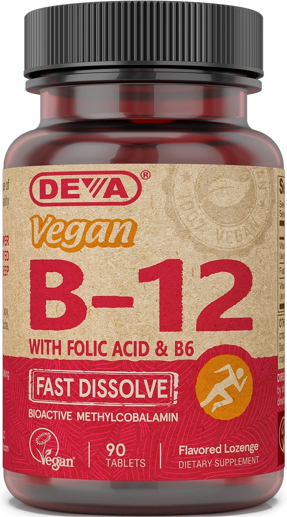 DEVA Vegan Vitamin B12 Fast Dissoltion Supplement - Once- Per- Day Complex med 1000 Mcg Methylcobalamin B12, Folsyre, B6 - Lemon Flavor - 90 opløselige tabletter,
