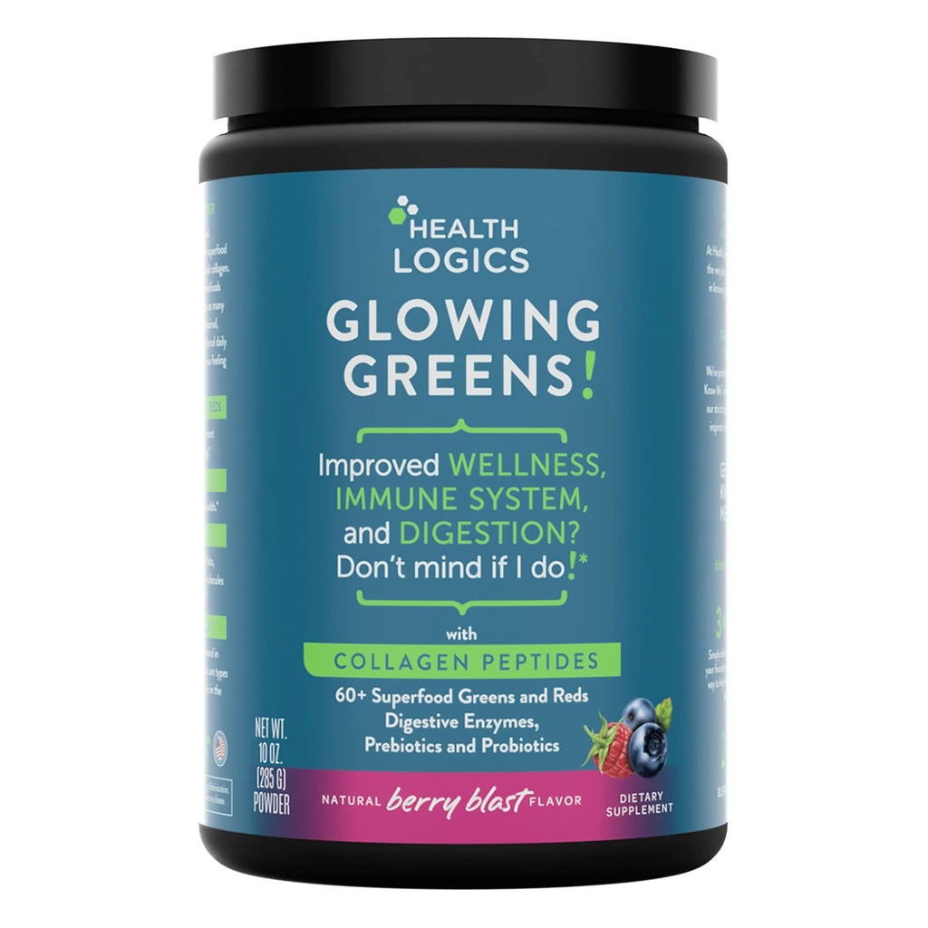Sundhed Logics glødende grønne superfood pulver med collagen peptider, fordøjelsesenzymer, Prebiotika og probiotika - Antioxidant, forbedre wellness, immunforsvar, fordøjelsessygdomme og Gut sundhed støtte