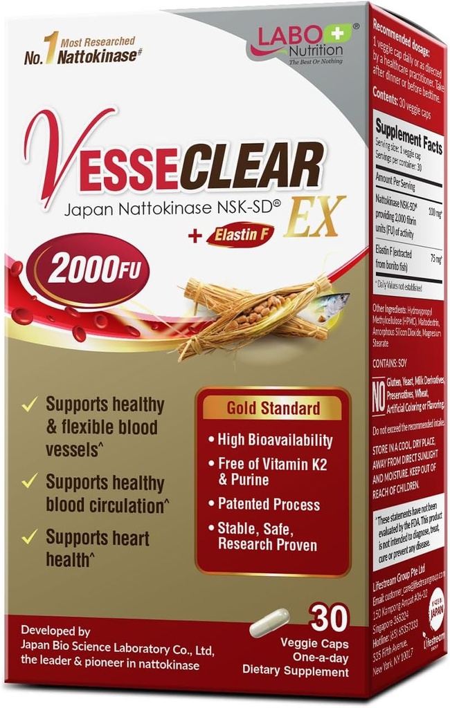 LABO Nutrition VesseCLEAR EX: Natokinase NSK- SD + Elastin F for Clean & Fleksible Blood Vessel. Japans mest forskning Proven, funktionel dosis, syre-resistent / forsinket frigivelse kapsler