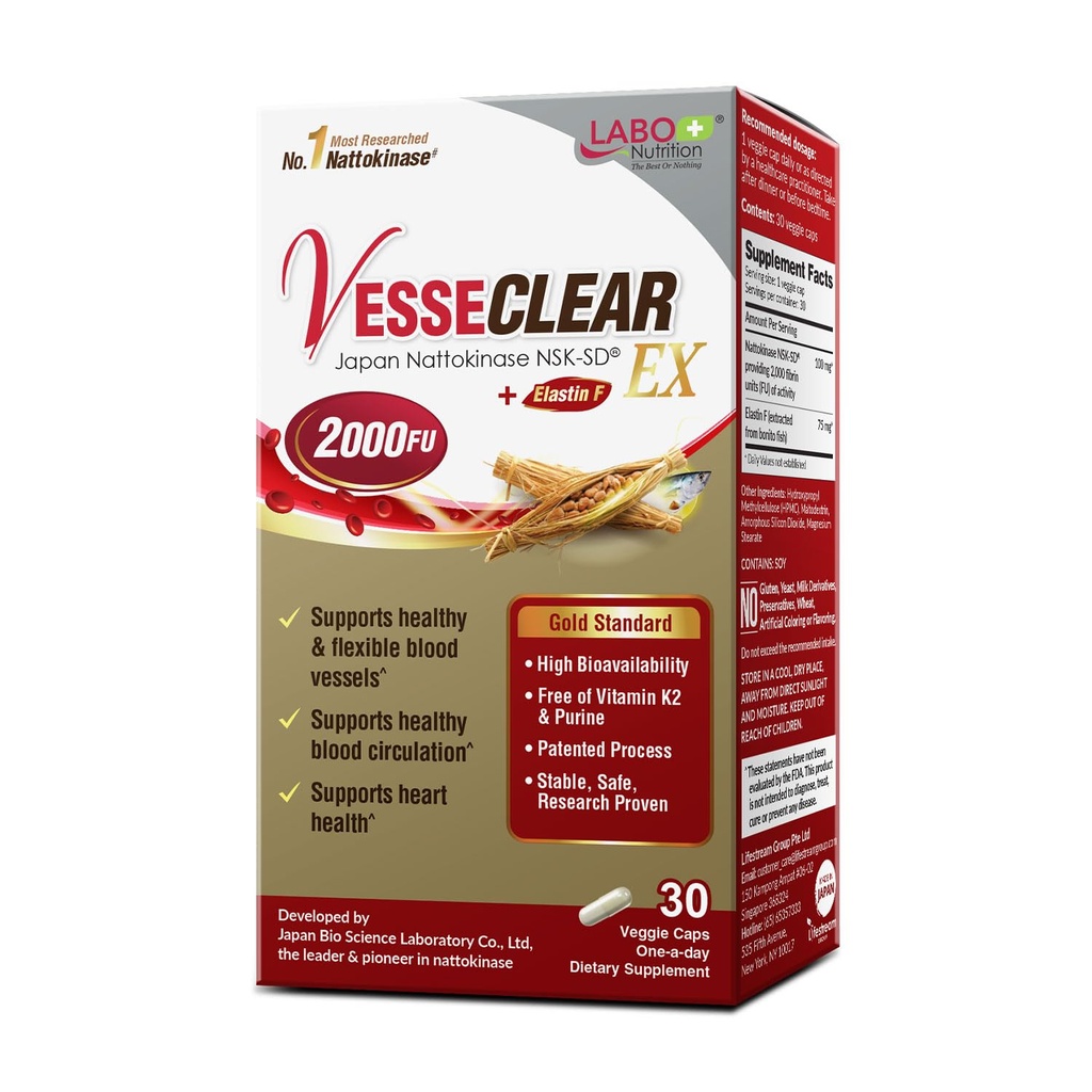 LABO Nutrition VesseCLEAR EX: Natokinase NSK- SD + Elastin F for Clean & Fleksible Blood Vessel. Japans mest forskning Proven, funktionel dosis, syre-resistent / forsinket frigivelse kapsler
