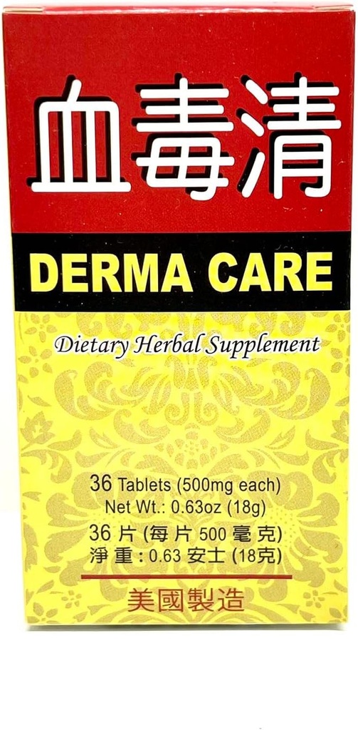 Derma Care Dietary Herbal Supplement Hjælper med at forbedre hud sundhed og relieve hud irritationer 500mg 36 tabletter Made i USA