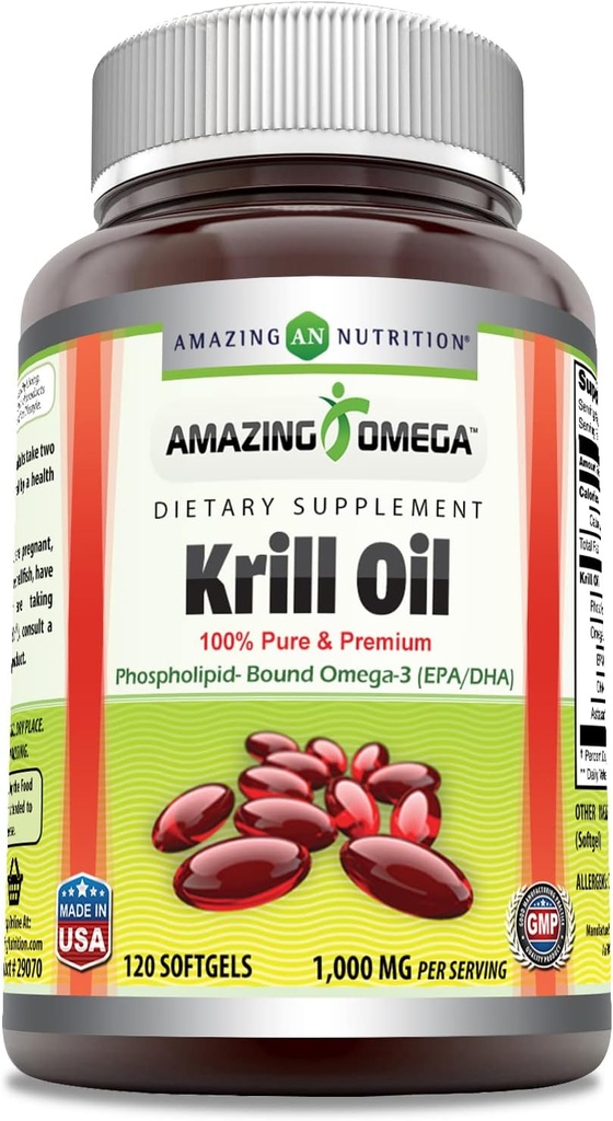 Amazing Omega Krill Oil med Omega 3s EPA, DHA, Phospholipider og Astaxanthin 1000 Mg per Serving 120 softgels Supplement124; Non-GMO Medic124; Gluten Free