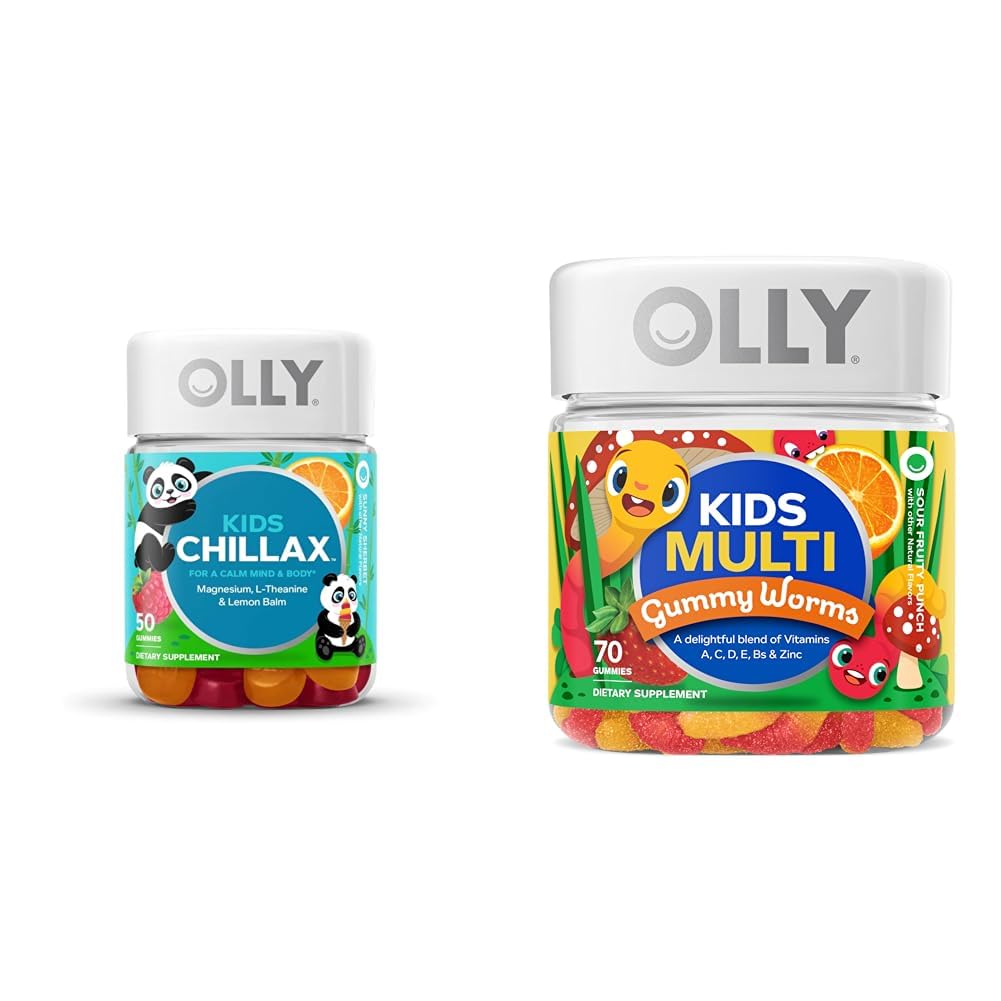 OLLY Kids Chillax, Magnesium Gummies Plus L- Theanine, Lemon Balm, Sherbet Flavor - 50 Greve & Kids Multivitamin Gummy Worms, Samlet sundhed og immunforsvar, Vitaminer og mineraler A, C, D