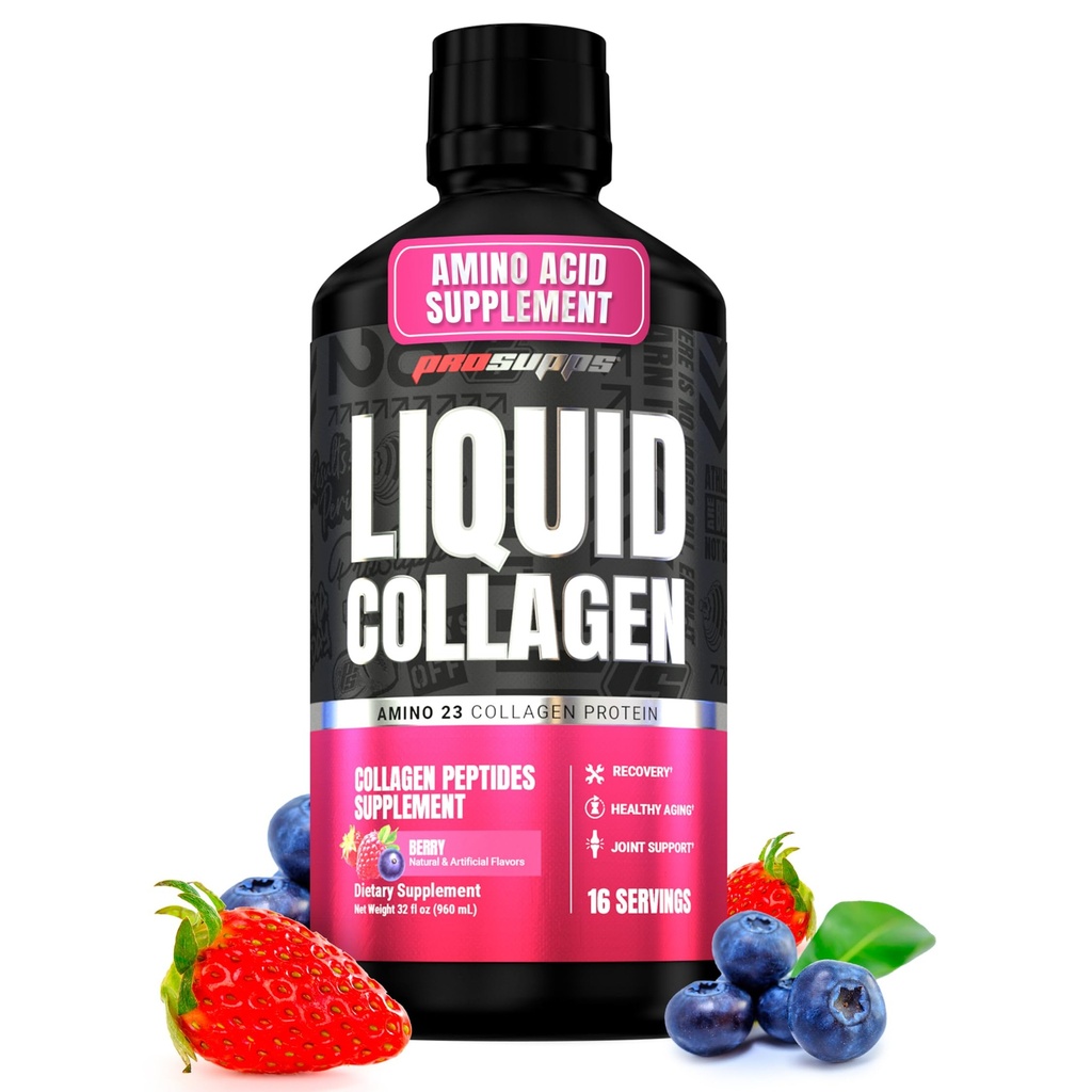 PROSUPPS Amino23 Flydende Collagen Skud, Berry - Collagen Peptid Post Workout supplement understøtter sund aldring, Joints, Hud & hår - Gluten- Free & Zero Sugar - 16 Serveringer