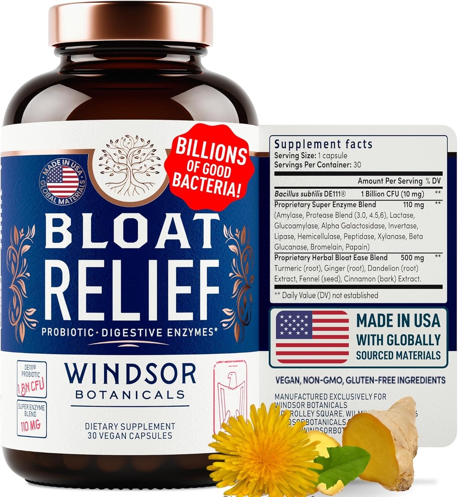 Bloat Relief Probiotiske og fordøjelige enzymer - Anti Bloating Gurkemeje, Fennel, Bromelain IBS Supplement - Detox Debloat Capsules Gas - Bloating Relief for Women and Men - 30 Gut Health Pills