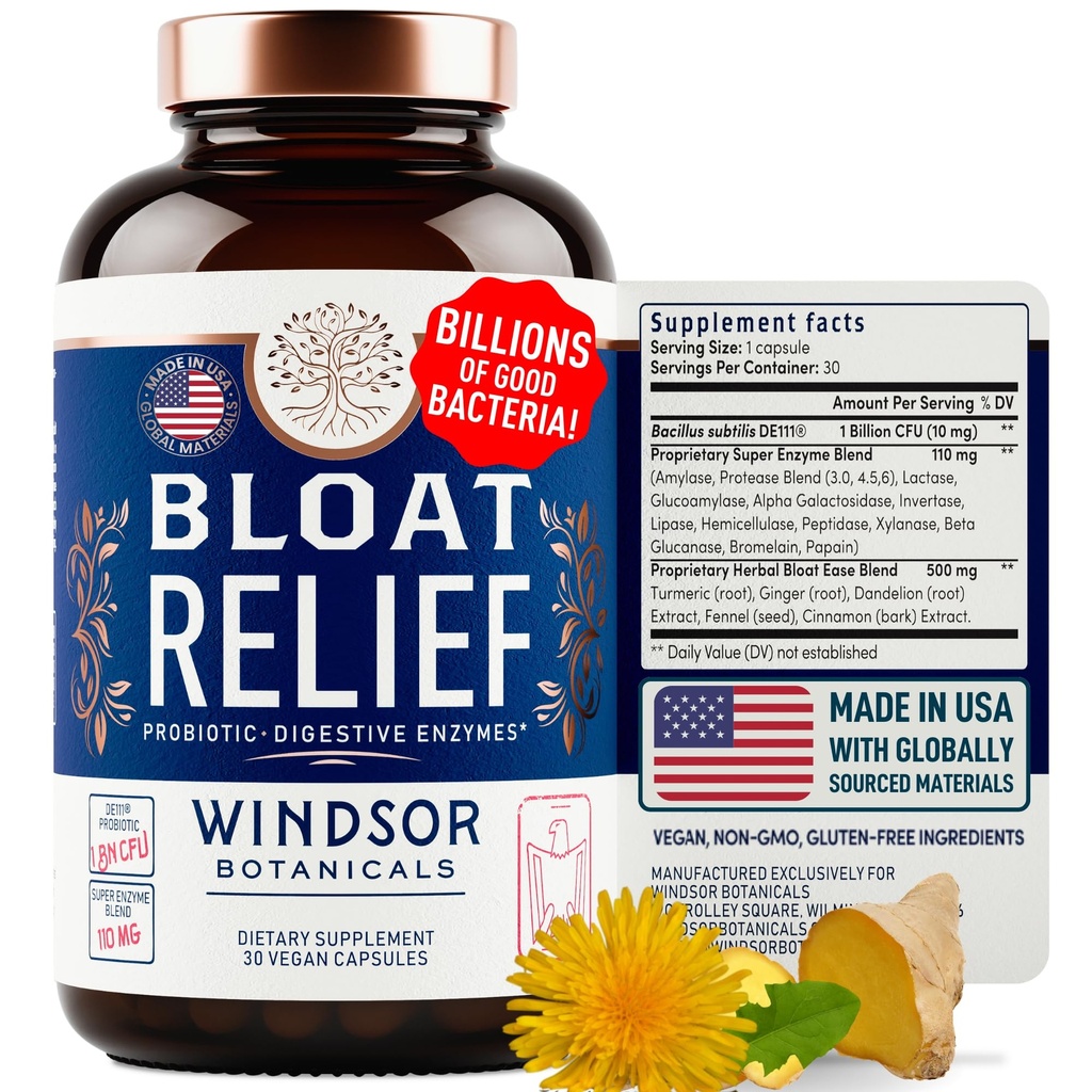 Bloat Relief Probiotiske og fordøjelige enzymer - Anti Bloating Gurkemeje, Fennel, Bromelain IBS Supplement - Detox Debloat Capsules Gas - Bloating Relief for Women and Men - 30 Gut Health Pills
