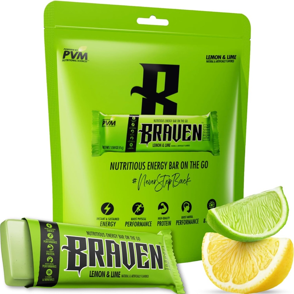 Braven Bar Lemon Lime Energy Bars (1.59 oz, Pack of 10) - Energy Chews med 5g Protein - On- the- Go Energy Snacks til løb, vandreture og sport - Gluten Free Snacks til vedvarende energi Boost