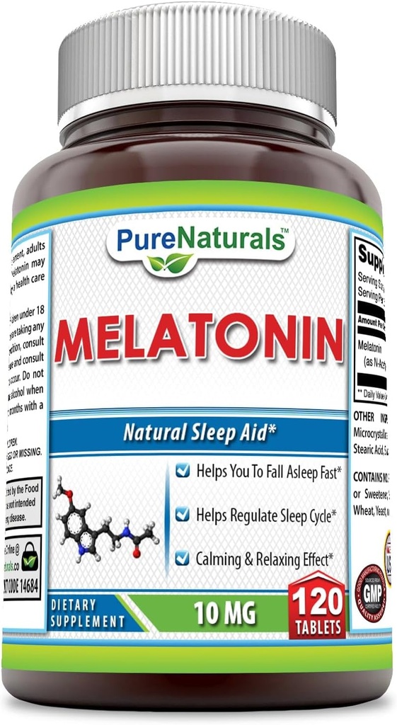 Pure Naturals Melatonin Supplement: 124; 10 Mg pr Servering: 124; 120 Tabletter: 124; Non- GMO: 124; Gluten- fri: 124; Fremstillet i USA